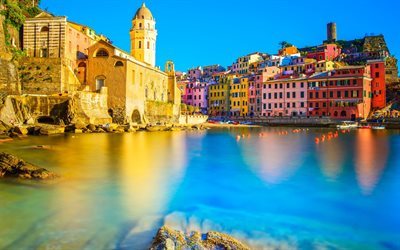 costa, mare, tramonto, Vernazza, Liguria, Cinque Terre, Italia