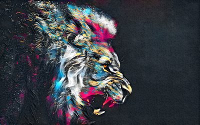 lion, art, wall, street art, gray background
