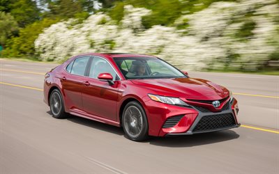 Toyota Camry Hybrid, 4k, estrada, 2018 carros, borr&#227;o de movimento, novo Camry, Toyota
