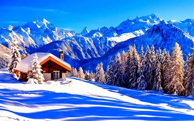4k, Alps, winter, mountains, hut, snowdrift, Europe