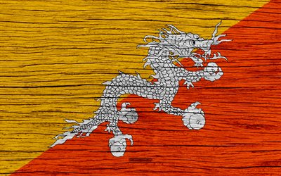 Butan bayrağı, 4k, Asya, ahşap doku, Bhutan bayrağı, ulusal semboller, sanat, Butan