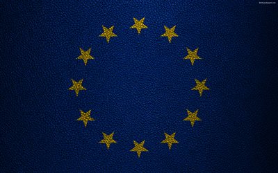 Bandera de la Uni&#243;n europea, 4K, organizaciones internacionales, de textura de cuero, bandera de la UE, Europa, Europeo banderas de la Uni&#243;n Europea