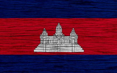 Flag of Cambodia, 4k, Asia, wooden texture, Cambodian flag, national symbols, Cambodia flag, art, Cambodia