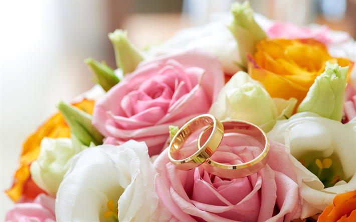 wedding rings, gold jewelry, pink roses, wedding concepts, gold rings, 4k