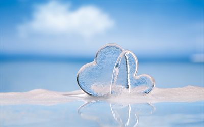 ice hearts, two hearts, water, forest, Valentine&#39;s Day, love concepts, cold hearts
