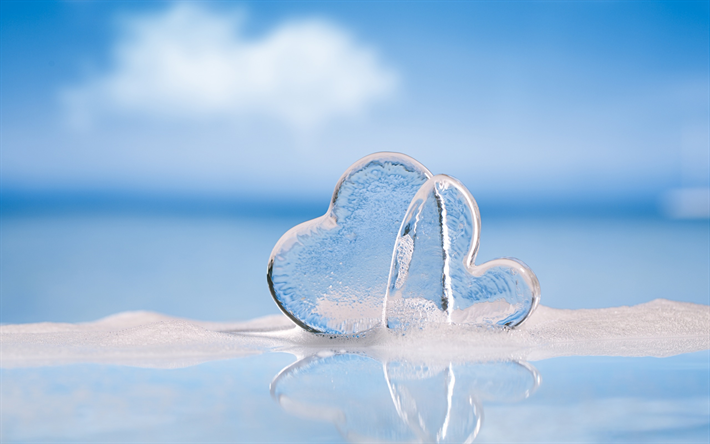 glace les cœurs, deux cœurs, l&#39;eau, la for&#234;t, la saint-Valentin, amour, concepts, le cœur froid
