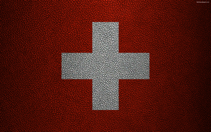 علم سويسرا, 4k, جلدية الملمس, العلم السويسري, أوروبا, أعلام أوروبا, سويسرا