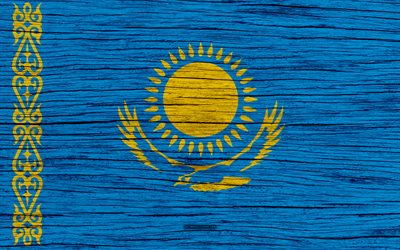 Flag of Kazakhstan, 4k, Asia, wooden texture, Kazakh flag, national symbols, Kazakhstan flag, art, Kazakhstan