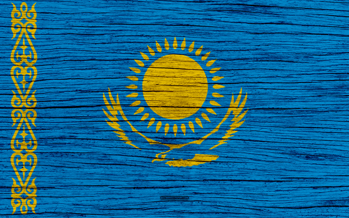 Kazakistan bayrağı, 4k, Asya, ahşap doku, Kazakistan bayrak, ulusal semboller, sanat, Kazakistan