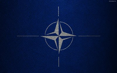Flag of NATO, North Atlantic Alliance, logo, emblem, leather texture, 4k, military-political organization, international organization, NATO