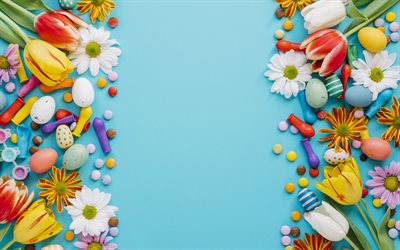 Paskalya, bahar, Paskalya yumurtaları, bahar &#231;i&#231;ekleri, mavi arka plan, dekorasyon