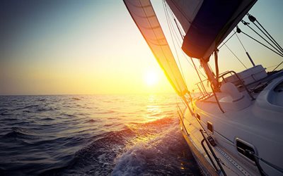 seascape, sailboat, luxury yacht, morning, sunrise, white sails
