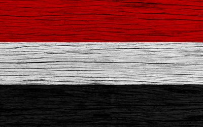 旗のイエメン, 4k, アジア, 木肌, イエメンのフラグ, 国立記号, 美術, イエメン