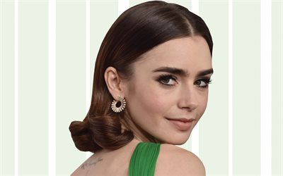 Lily Collins, American actress, make-up, face, portrait, photoshoot, green dress