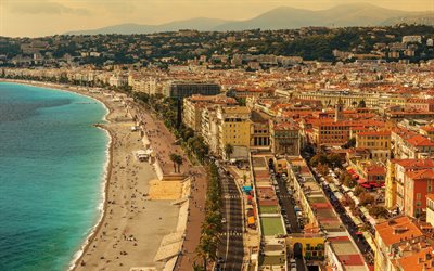 Nice, France, beach, resort, Mediterranean Sea, palm trees, cityscape