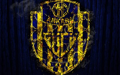 Ankaragucu FC, bruciata logo, Super Lig, blu sfondo in legno, bagno turco football club, grunge, MKE Ankaragucu, calcio, Ankaragucu logo, texture del fuoco, Turchia