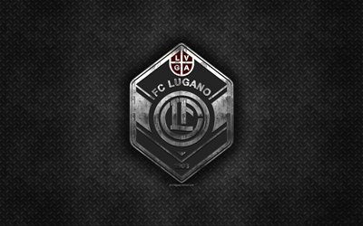 FC Lugano, Swiss football club, black metal texture, metal logo, emblem, Lugano, Switzerland, Swiss Super League, creative art, football