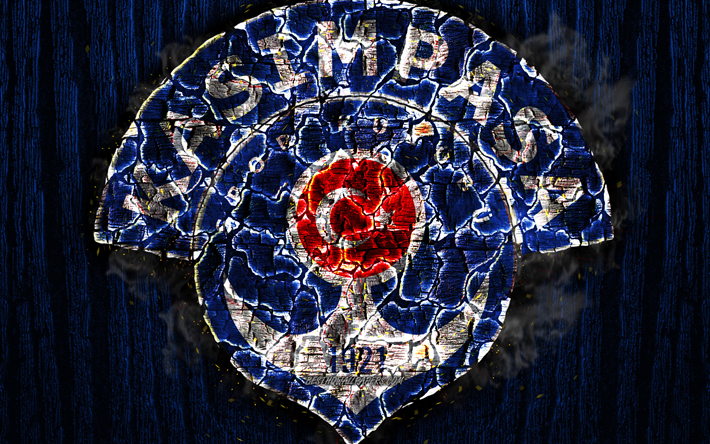 Kasimpasa FC, arrasada logotipo, Super Liga, de madeira azul de fundo, turco futebol clube, grunge, Kasimpasa SK, futebol, Kasimpasa logotipo, fogo textura, A turquia