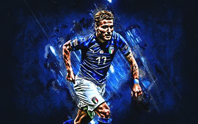 Ciro Immobile, Italy national football team, striker, joy, blue stone, famous footballers, football, Italian footballers, grunge, Italy, Immobile