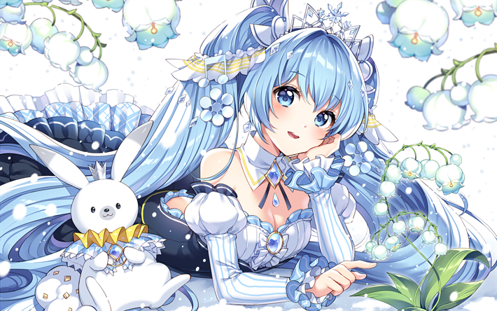 Miku Hatsune, white bunny, Vocaloid Characters, toys, Hatsune Miku, manga, Vocaloid, girl with blue eyes
