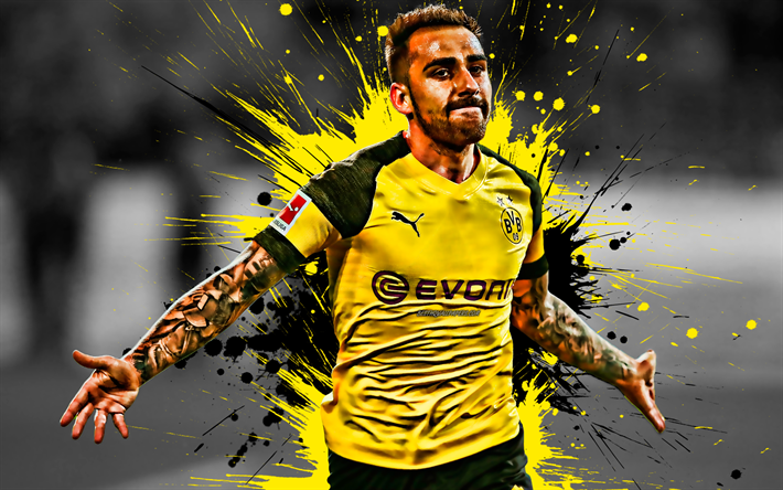 paco alcacer, 4k, spanisch-football-spieler, borussia dortmund, torj&#228;ger, schwarze und gelbe farbe, spritzer, kreative kunst, bundesliga, deutschland, bvb, fu&#223;ball, grunge, francisco alcacer garcia, alcacer