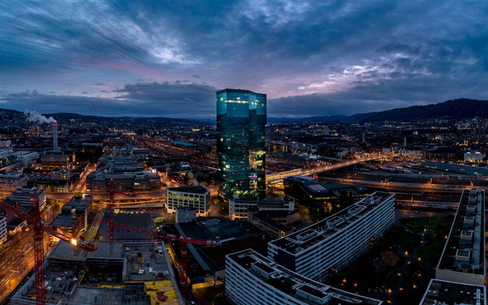 Zurich, Suisse, le soir, paysage urbain, gratte-ciel, centre d&#39;affaires, suisse, ville, coucher de soleil