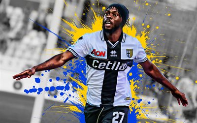 Gervinho, 4k, Ivorian football player, Parma FC, striker, blue yellow paint splashes, creative art, Serie A, Italy, football, grunge, Gervais Yao Kouassi, Parma Calcio 1913