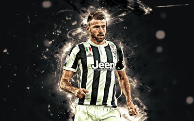 Andrea Barzagli, Italian footballers, Juventus FC, close-up, Italy, soccer, Serie A, Barzagli, footballers, neon lights, Juve, Bianconeri, creative