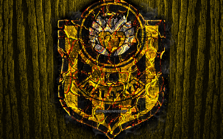 Yeni Malatyaspor FC, scorched logo, Super Lig, yellow wooden background, turkish football club, grunge, Yeni Malatyaspor SK, football, soccer, Yeni Malatyaspor logo, fire texture, Turkey