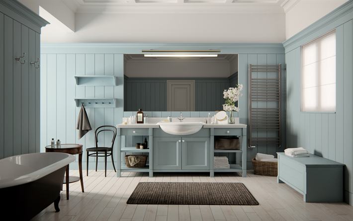 stylish blue bathroom interior, wooden walls in the bathroom, modern design, retro style, interior design for the bathroom
