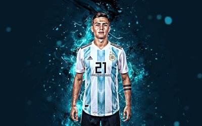 Paulo Dybala, 4k, Argentina National Team, photoshoot, football stars, Dybala, soccer, footballers, neon lights, Argentinean football team