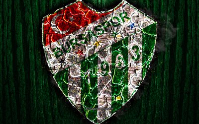 Bursaspor FC, scorched logo, Super Lig, green wooden background, turkish football club, grunge, Bursaspor KD, football, soccer, Bursaspor logo, fire texture, Turkey