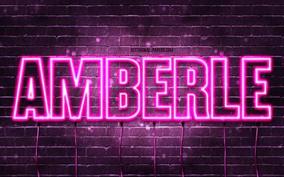 Amberle, 4k, pap&#233;is de parede com nomes, nomes femininos, nome Amberle, luzes de neon roxas, Anivers&#225;rio Amberle, &#194;mbar de Feliz Anivers&#225;rio, nomes femininos italianos populares, foto com nome Amberle
