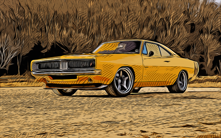 1969, Dodge Charger Captiv, 4k, vector art, Dodge Charger drawing, creative art, Dodge Charger art, vector drawing, abstract cars, car drawings, Dodge