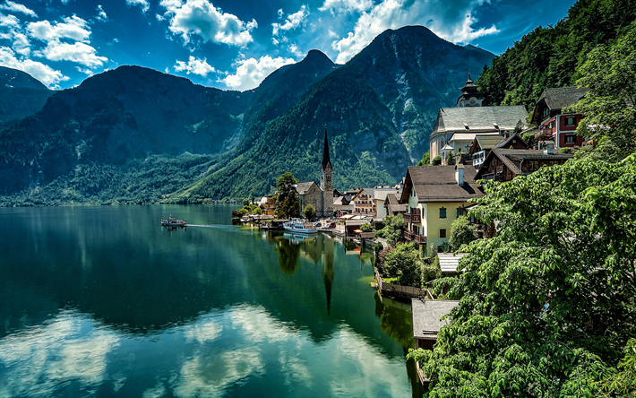 4k, Hallstatt, summer, austrian cities, mountains, Salzkammergut, Austria, Alps, beautiful nature, HDR, Europe