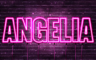 Angelia, 4k, pap&#233;is de parede com nomes, nomes femininos, nome angelia, luzes de neon roxas, Angelia Birthday, Happy Birthday Angelia, nomes femininos italianos populares, foto com nome angelia