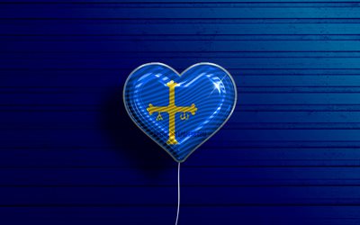 I Love Asturias, 4k, realistic balloons, blue wooden background, Day of Asturias, spanish provinces, flag of Asturias, Spain, balloon with flag, Provinces of Spain, Asturias flag, Asturias