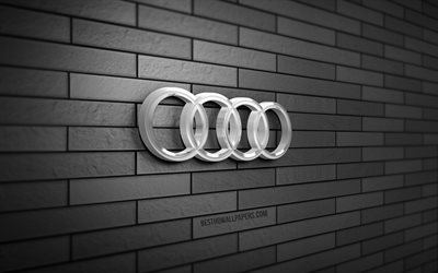 Audi 3D logosu, 4K, gri brickwall, yaratıcı, otomobil markaları, Audi logosu, 3D sanat, Audi