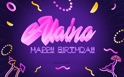 お誕生日おめでとうAlaina, 4k, 紫のパーティーの背景, アライナ, クリエイティブアート, アライナお誕生日おめでとう, アライナの名前, アライナの誕生日, 誕生日パーティーの背景