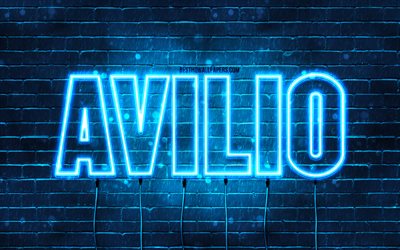 Avilio, 4k, des fonds d&#39;&#233;cran avec des noms, Avilio nom, n&#233;ons bleus, Avilio Anniversaire, Joyeux Anniversaire Avilio, noms masculins italiens populaires, photo avec le nom Avilio