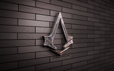 assassins creed 3d-logo, 4k, graue ziegelwand, kreativ, action-adventure, assassins creed-logo, 3d-kunst, assassins creed