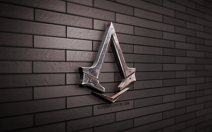 Logo Assassins Creed 3D, 4K, gris brickwall, cr&#233;atif, Action-aventure, logo Assassins Creed, art 3D, Assassins Creed