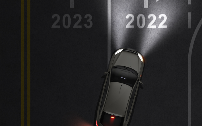 Anno nuovo 2022, 4k, strada, concetti 2022, scelta del 2022, avanti al 2022, notte, auto
