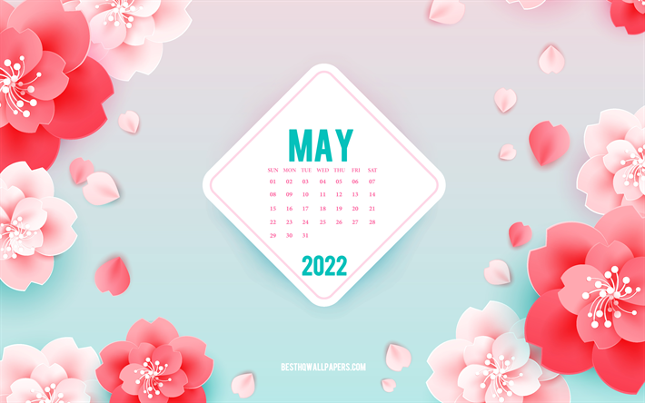 2022年5月のカレンダー, 4k, ピンクの花, 5月, 春のアート, 2022年春のカレンダー, 花と春の背景, 2022年5月カレンダー, 紙の花