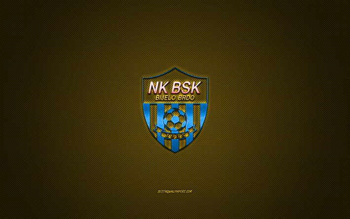 NK BSK Bijelo Brdo, Croatian football club, blue logo, yellow carbon fiber background, Druga HNL, football, Bijelo Brdo, Croatia, NK BSK Bijelo Brdo logo