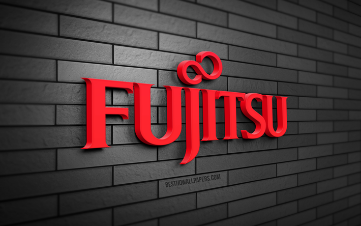Fujitsu 3D logo, 4K, cinza brickwall, criativo, marcas, Fujitsu logo, Arte 3D, Fujitsu