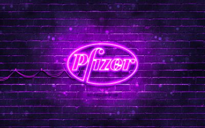 Pfizer violet logo, 4k, violet brickwall, Pfizer logo, Covid-19, Coronavirus, Pfizer neon logo, Covid vaccine, Pfizer