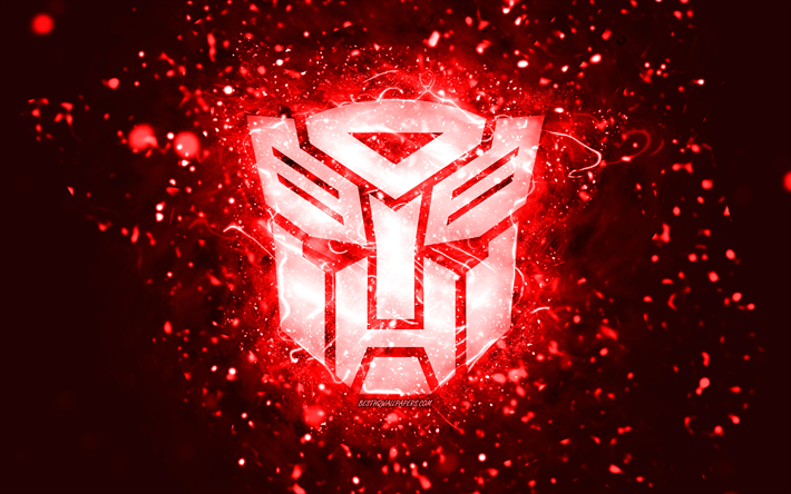 Transformers logo rosso, 4k, luci al neon rosse, creativo, sfondo astratto rosso, logo Transformers, loghi cinematografici, Transformers