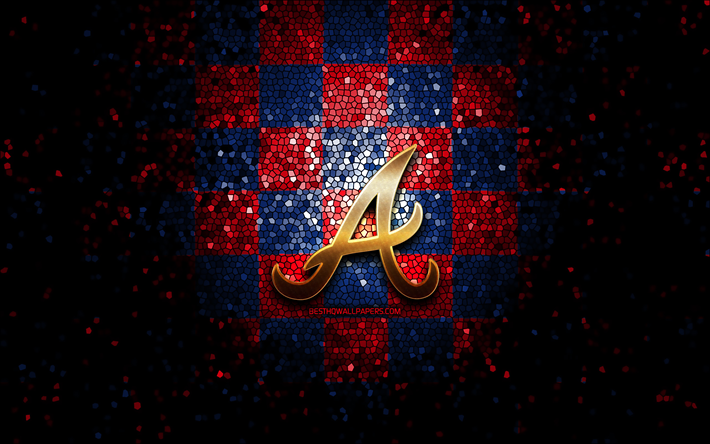 Atlanta Braves emblem, glitter logo, MLB, red blue checkered background, american baseball team, Major League Baseball, mosaic art, baseball, Atlanta Braves