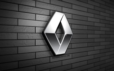 Logotipo de Renault 3D, 4K, pared de ladrillo gris, creativo, marcas de autom&#243;viles, logotipo de Renault, logotipo de metal de Renault, arte 3D, Renault